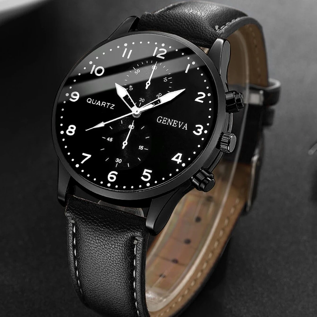 2pcs/set Fashion Men's Leather Strap Quartz Watch&Simple Beaded Bracelet