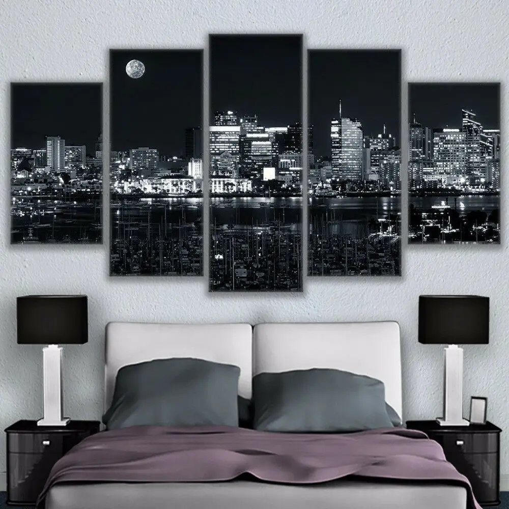 

Черно-белый фон с изображением Los Angeles Harbor Nightscape, 5 панелей, Настенная картина, искусство, настенный постер, домашний декор без рамки