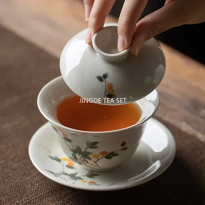 170ml Chinese Handmade Ceramic Gaiwan Teacup Hand-painted Flowers Tea Tureen Travel Tea Bowl Porcelain Set Accessories tea set