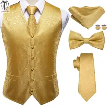 

Hi-Tie Luxury Silk Mens Vests Gold Paisley Waistcoat Necktie Bowtie Hanky Cufflinks Set Waist Jacket For Men Dress Wedding Party