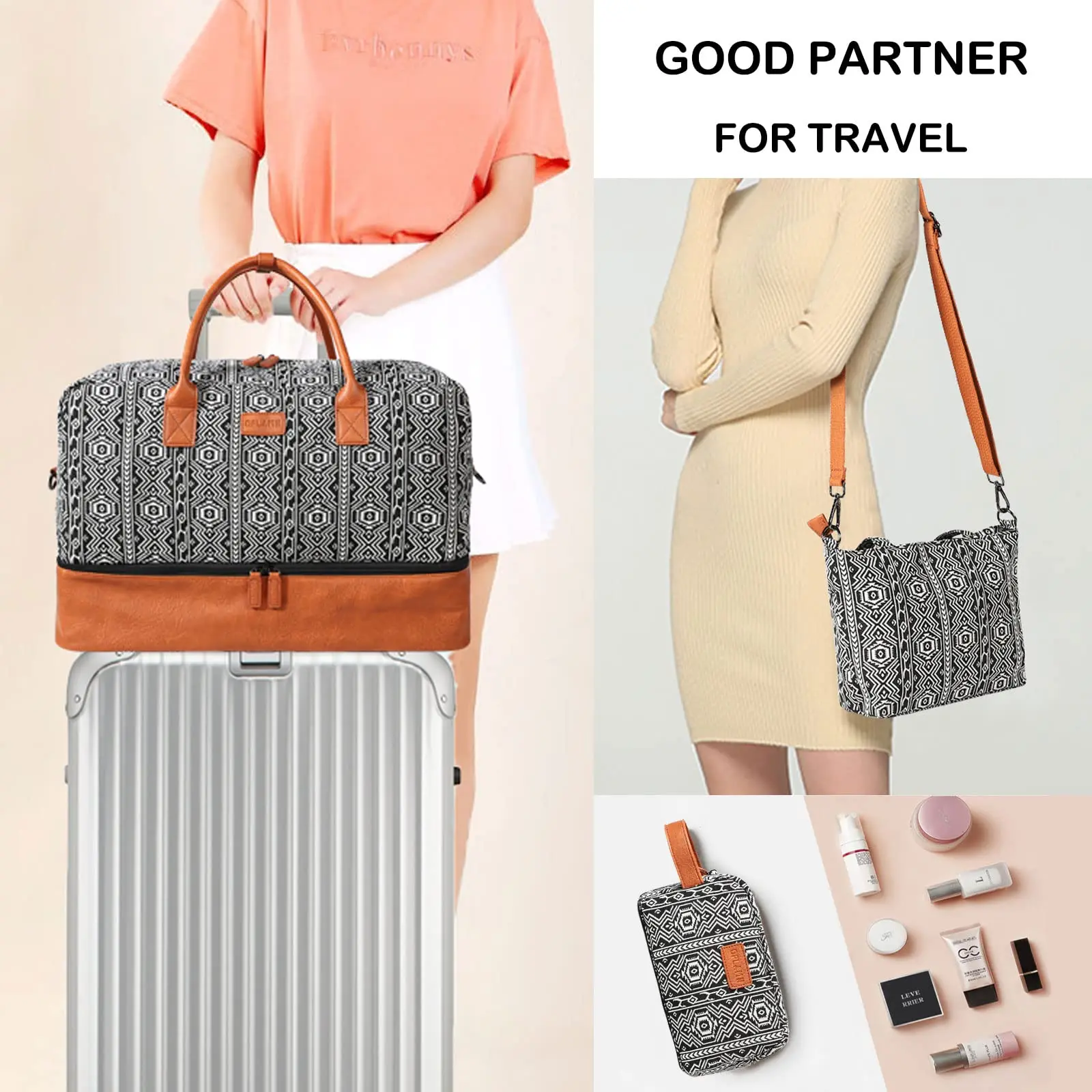 Weekender Travel Bag Overnight Bag for Women Bohemian Style, Large size luggage Duffle Bag Set with Hand Tote Bag & Toiletry Bag