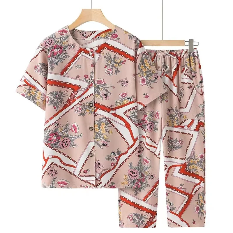 

Fdfklak Middle-aged Women Dresses Short-sleeved Suits Printing Two-piece Suits Loose T-shirt Korea Fashion Tops Vestido Feminino