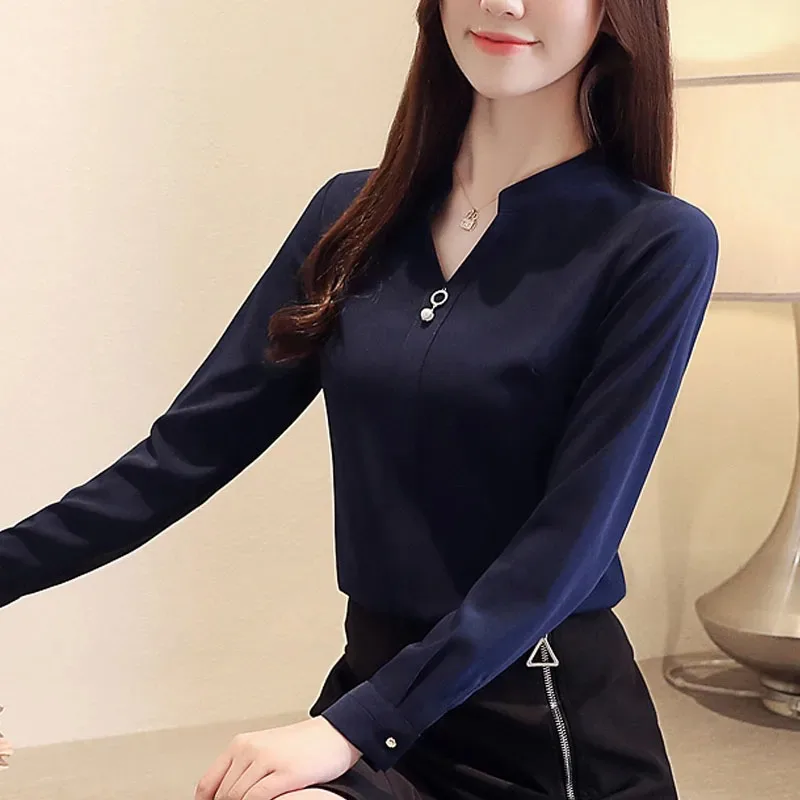 Women's V-Neck Chiffon Blouses Blue Shirt Loose Beading Tops Elegant Clothes Solid Fashion Spring 2412