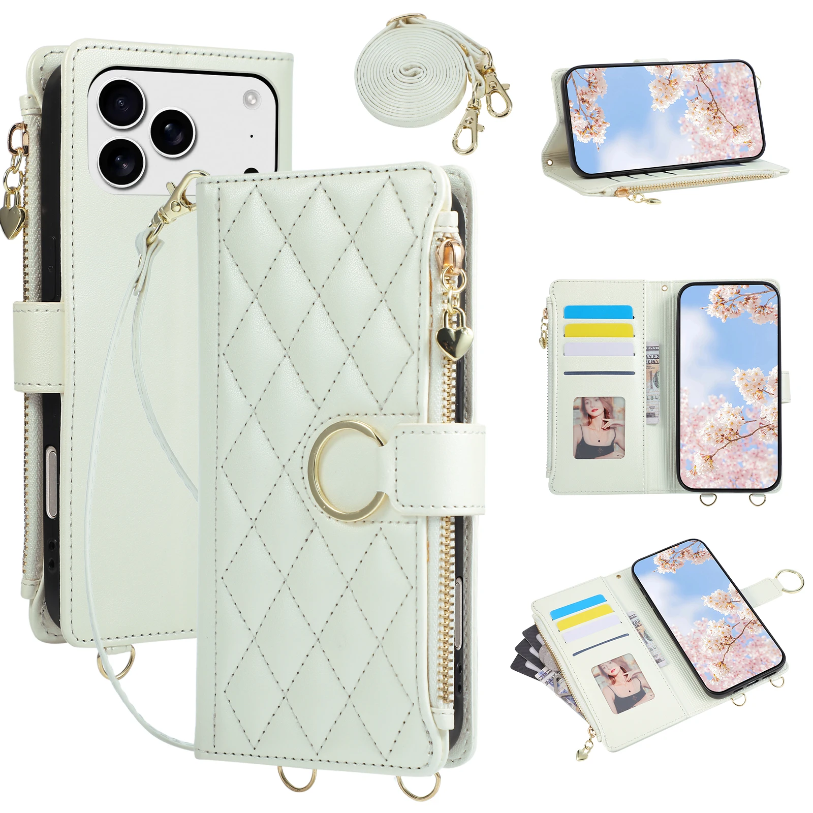 Quilted Zipper Wallet Phone Case with Crossbody Strap and Card Holder