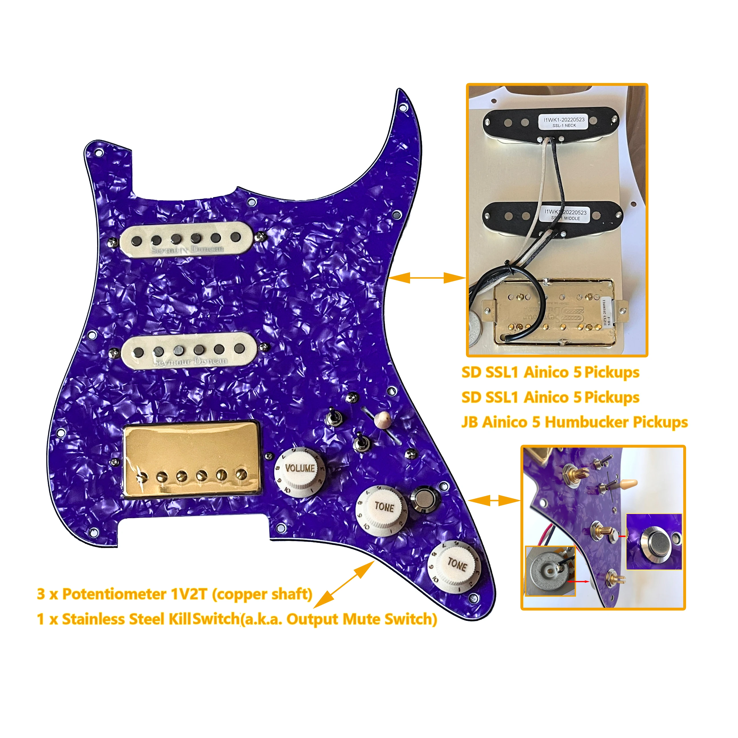 

SSH Prewired Guitar St Pickguard Set, With Kill Switch Loaded SD SSL1 JB Alnico 5 Humbucker Pickups Coil Splitting Switch