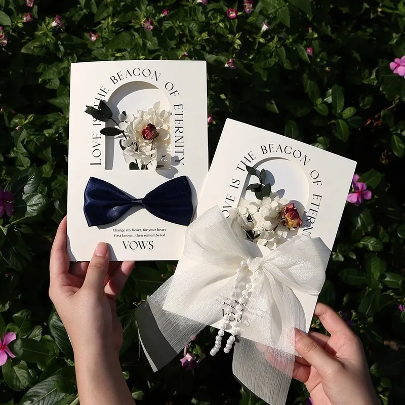 2pcs Vow Books Wedding Concave and Convex Design Cards for Party Decoration Invite Gift His And Her Vows Card with Ribbon