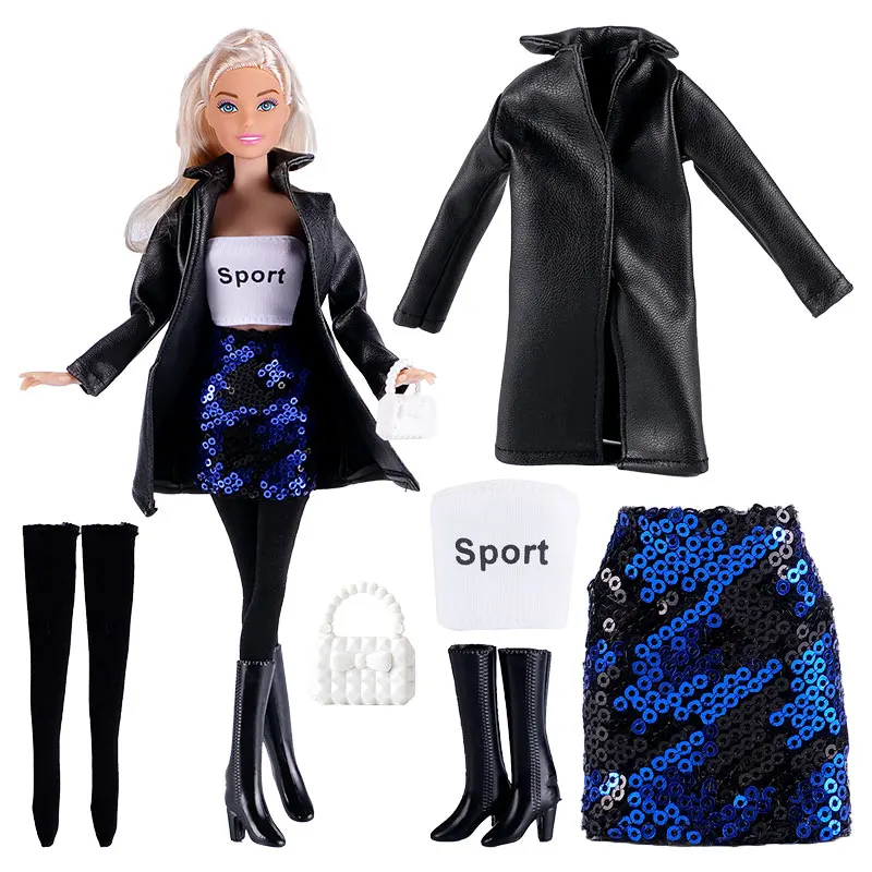 Chic Leather Dress and Fashion Coat Doll Outfit with Accessories
