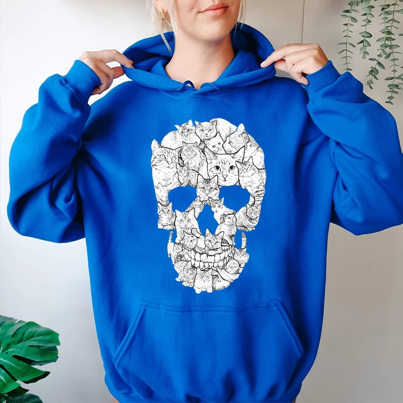 Cat Skull Printed Women's Autumn and Winter Hoodies Fleece Sweatshirt Loose Tops - Image 2