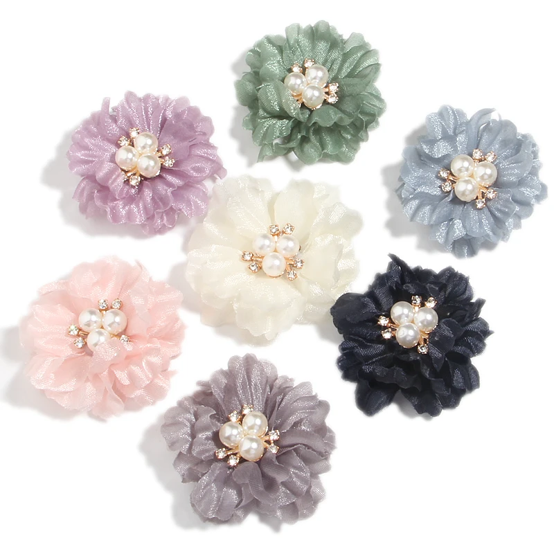10pcs 5cm 1.98 "Perle Mesh Gaze Blume künstliche Blume Seide Blumen Boutique Spitze Trim Patch Applique Spitze Stoff Hochzeit
