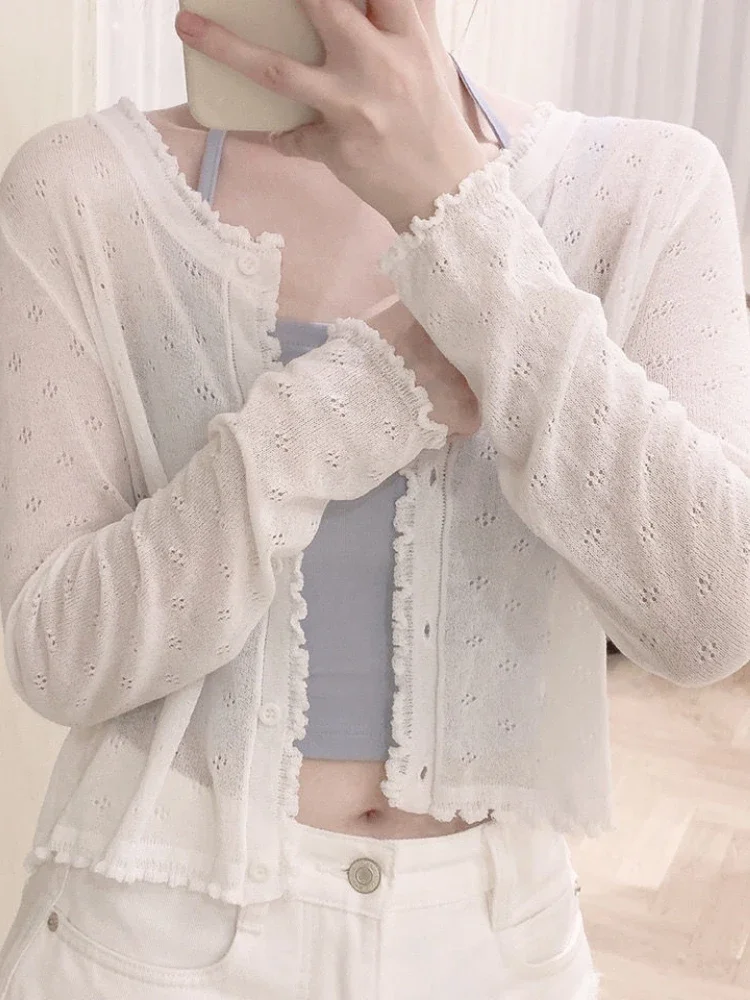 2024 Women Summer Sun Protection Coat Lace Hollow Cardigan Lolita Female Blouse Tops Covers Blusa Y2K Korean All Match Tops 4