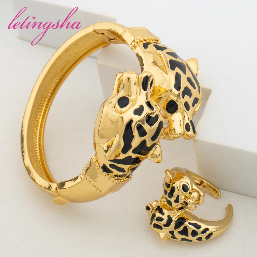 Gold Plated Leopard Bangles For Banquet Party Fashion Adjustable Ring 2pcs Jewelry Sets For Women Dubai Jewelry Accessories 3