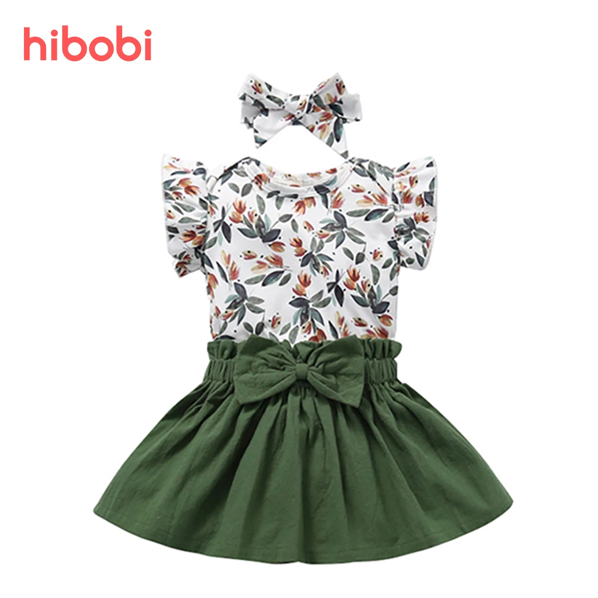 hibobi Baby Girls Bodysuit Infant Girls Clothes Set 3Pcs Floral Print Romper & Bowknot Decor Skirt & Headband baby shirt clothing set