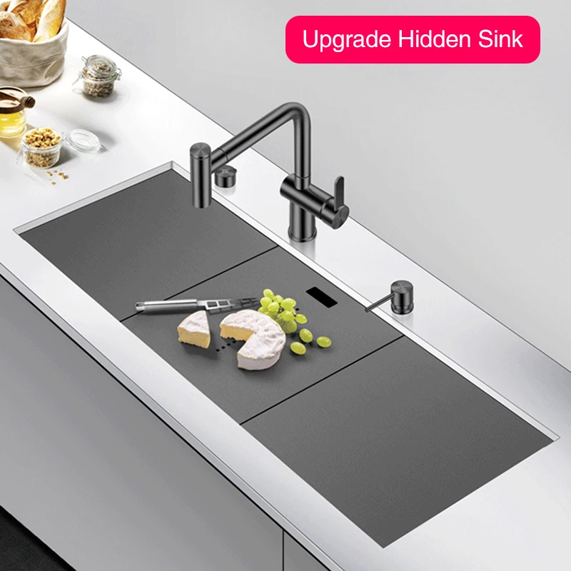 ASRAS Nanometer Black Single Large Size Hidden Kitchen Sink 4mm Thickness Handmade Undermount Installation Hidden Kitchen Sinks