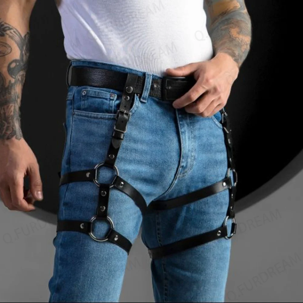 Sexy Leather Leg Harness Man Punk Style Thigh Harness Fetish Bondage Lingerie Waist To Leg Rave Festival Clothes Accessories leather chest harness