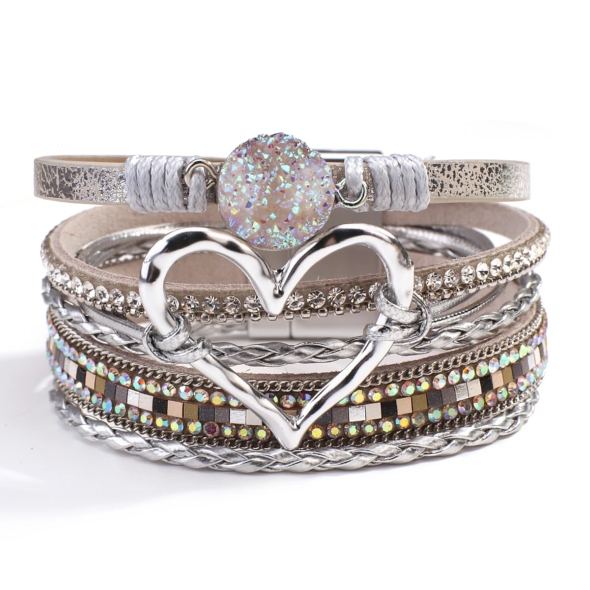Amorcome Fashion Braided Leather Wrap Bracelets Bangles Multilayer Resin Stone Hollow Heart Charm Bracelets Women Gift Pulseira bracelet jewelry