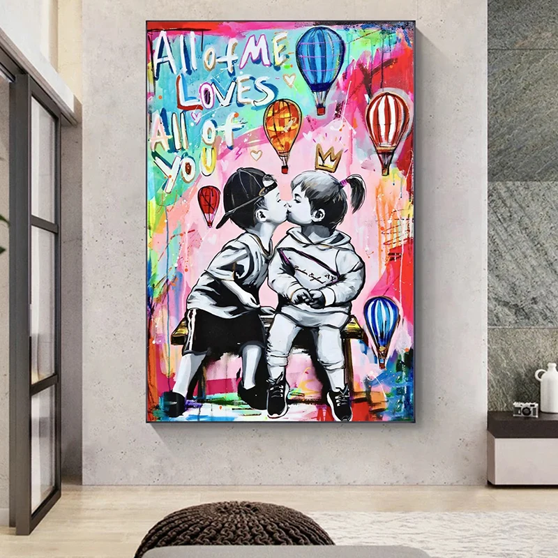 

Banksy Art Love and Kissing Street Art Colourful Graffiti Poster and Prints Wall Painting Canvas Picture for Indoor Home Decor