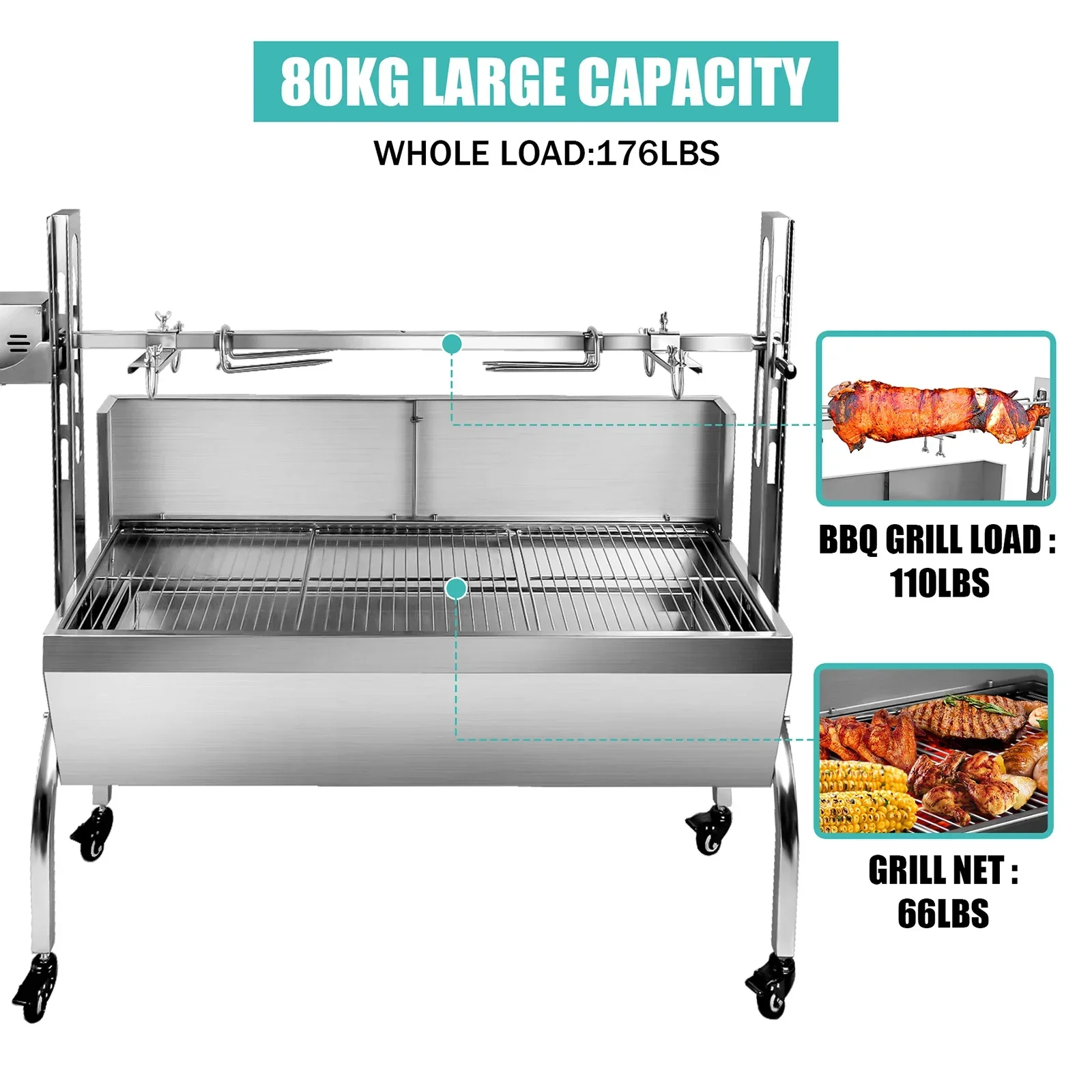 80KG BBQ Pig Lamb Chicken Rotisserie Roaster Skewer Roast Grill Motor Smoke Free and Roaster Grills 3