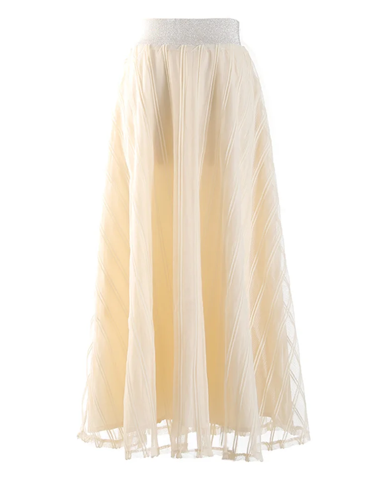 

High Elastic Waist Apricot Mesh Striped Long Elegant Half-body Skirt Women Fashion Tide New Spring Autumn 2022 M781