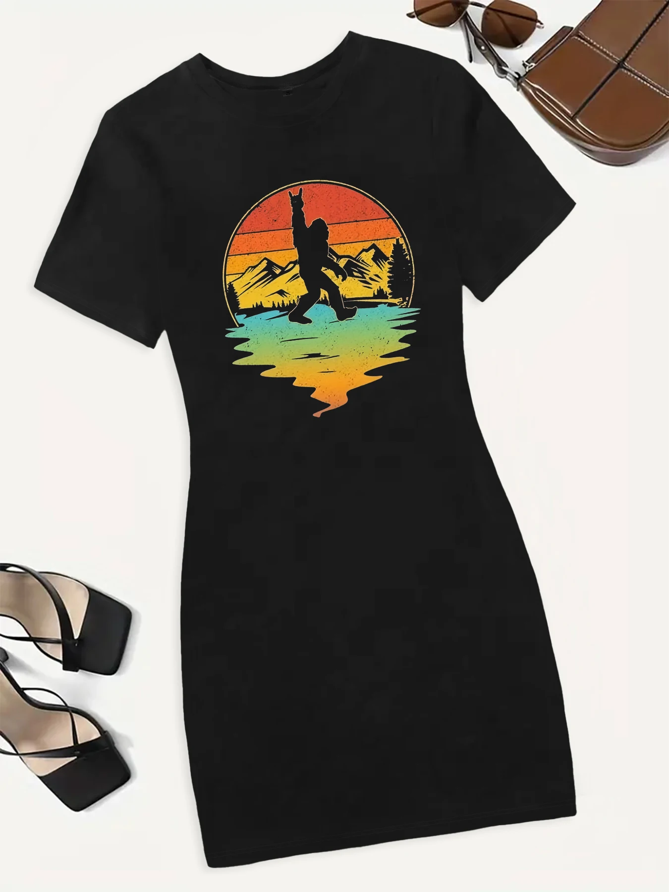 

Sunset Tarzan Figure Print Dress Fashion Vintage Graphic T shirt Slim Short Dress Streetwear