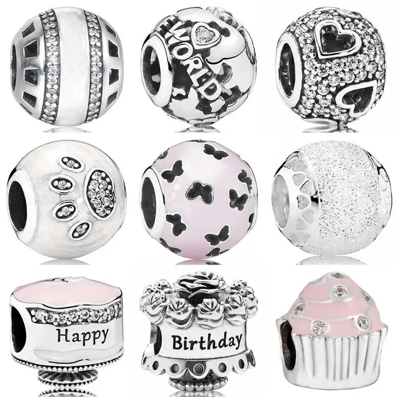 

Forever All Around The World Happy Birthday Cake Tumbling Hearts Beads Fit Europe Bracelet 925 Sterling Silver Charm