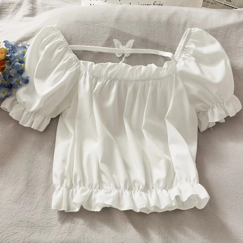 White Off Shoulder Top Women 2022 Fashion French Sweet Puff Short Sleeve Crop Top Woman Summer New Ladies Sexy Blouses T Shirts