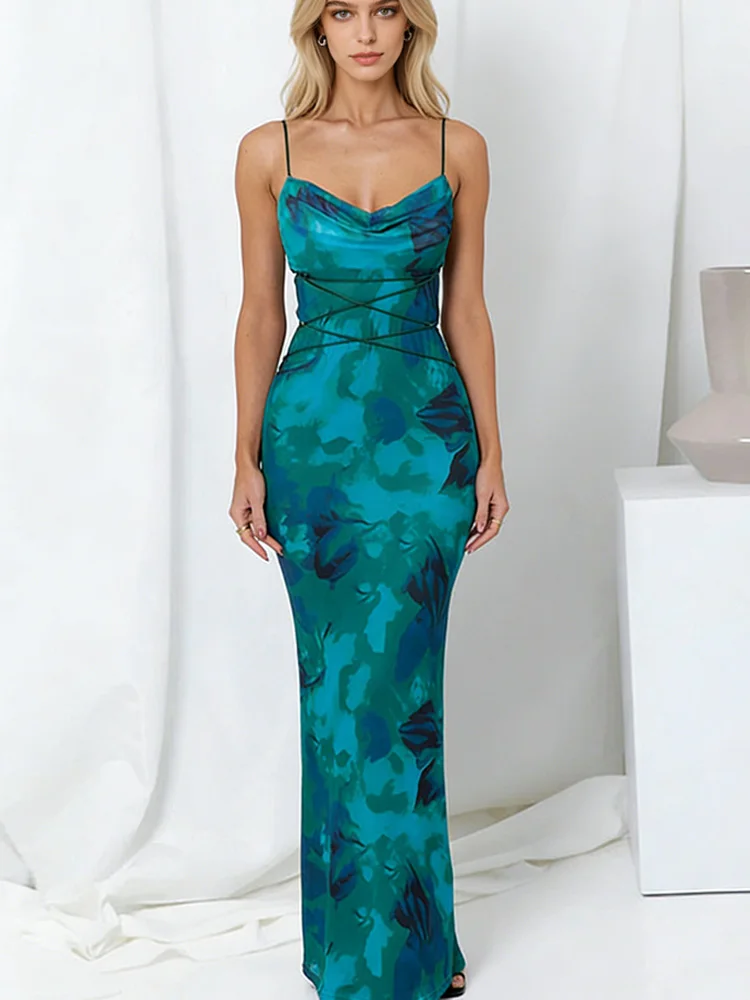 New Fashion Women's U-Neck Floral Printing Suspender Dress Sexy Summer Elegant Women's  Backless Lace-Up Bodycon Maxi Dress