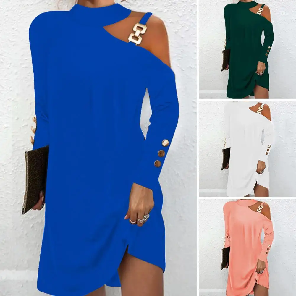 

Women Dress Chain Decor One Shoulder Long Sleeve Solid Color Loose Halter Neck Soft Breathable Above Knee Length Mini Dress