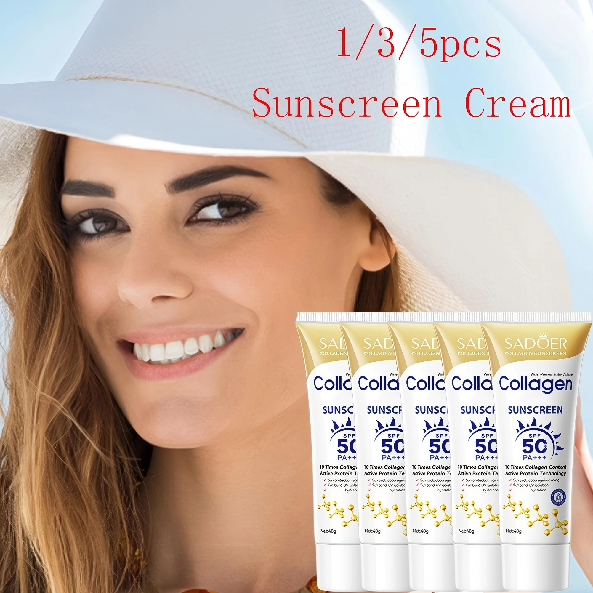 SADOER Collagen Sunscreen UV Protection Cream Moisturizing Brightening SPF Formula Lightweight Non-Greasy Skin Care 1/3/5PCS