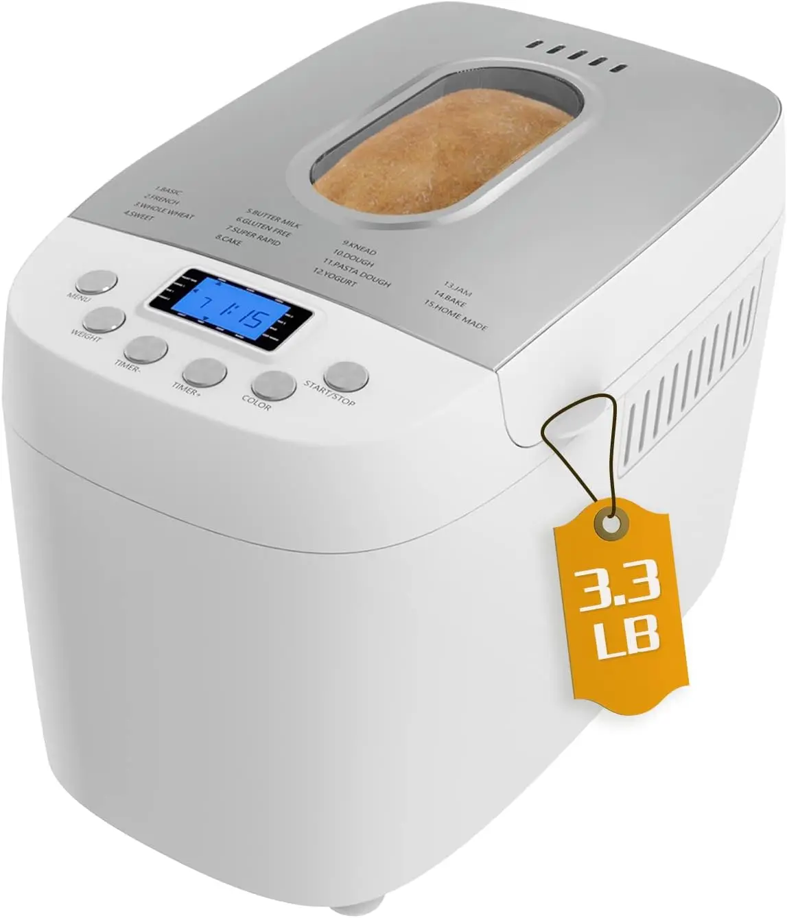 Bread Maker Machine 3.3LB Dough Maker,15-in-1 Automatic Bread Machine Maker with Nonstick Bowl, Jam& Yogurt