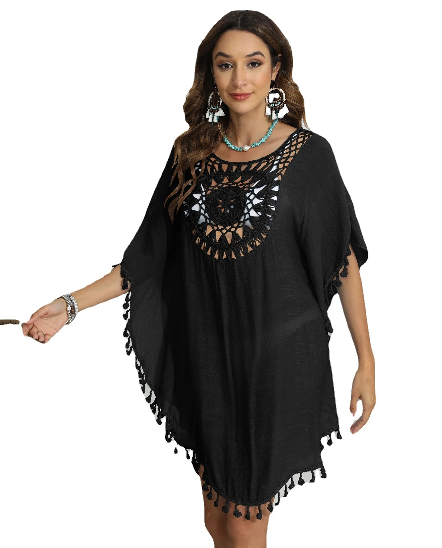 Women's Ruffle Edge Dress Women's Hand Hook Spliced Tassel Beach Bikini Cover Up Z819