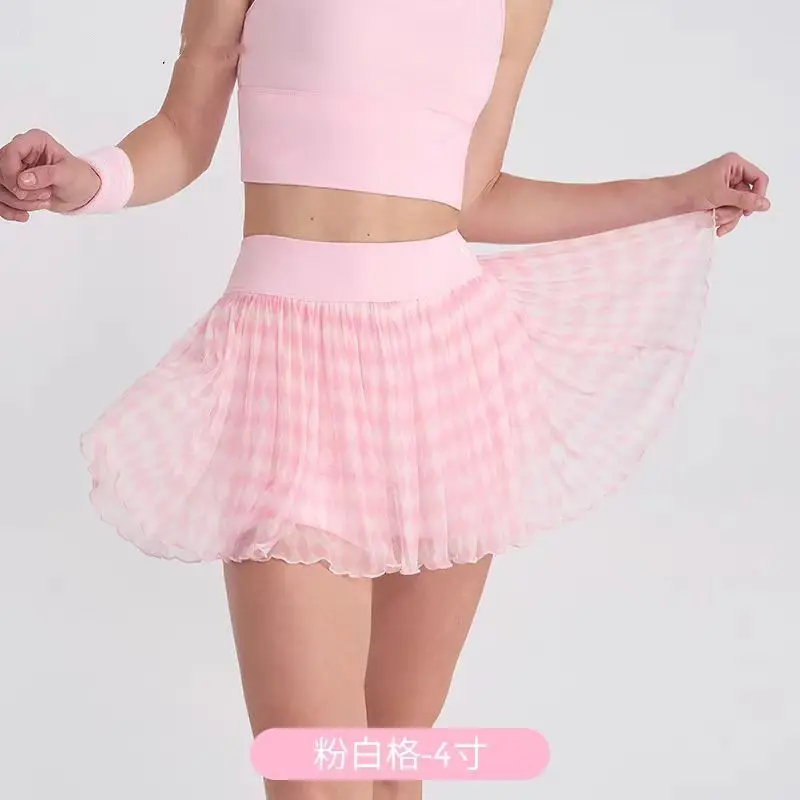 Sports Plaid Tennis Skirt Women Summer Lightweight Breathable and Professional Ball Skirt Fitness Side Pocket Short Gauze
