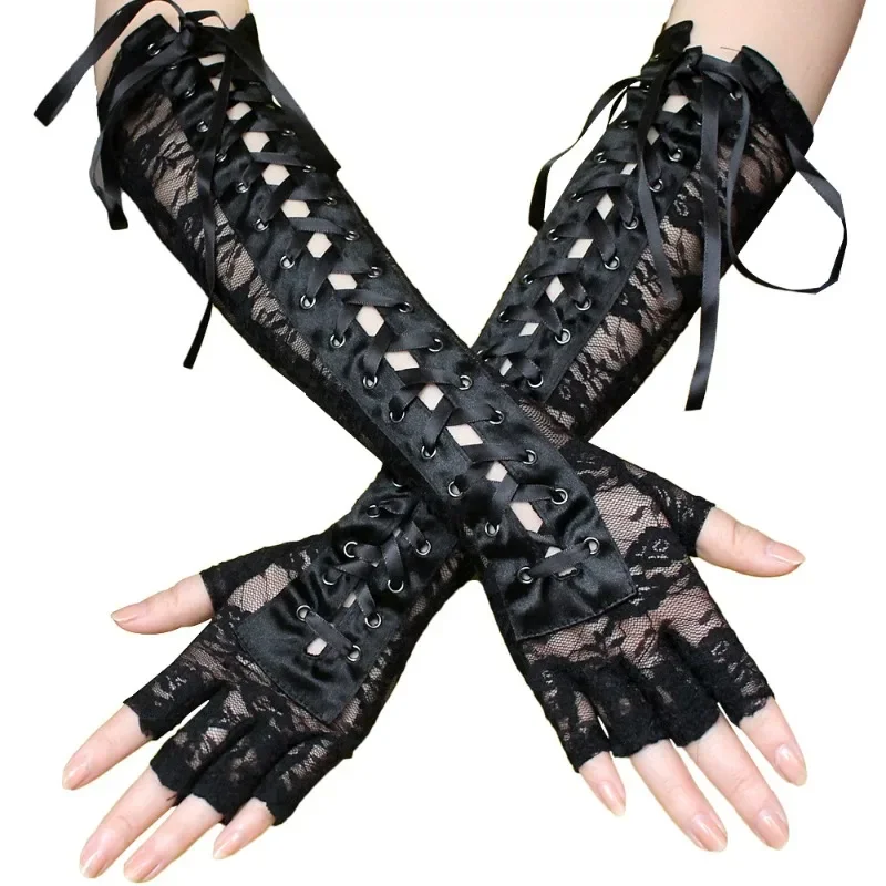 Women Sexy Lace Long Gloves Fashion Elbow Half-finger Gloves Ribbon Fingerless Fishnet Mesh Etiquette Party Gothic Lolita Gloves