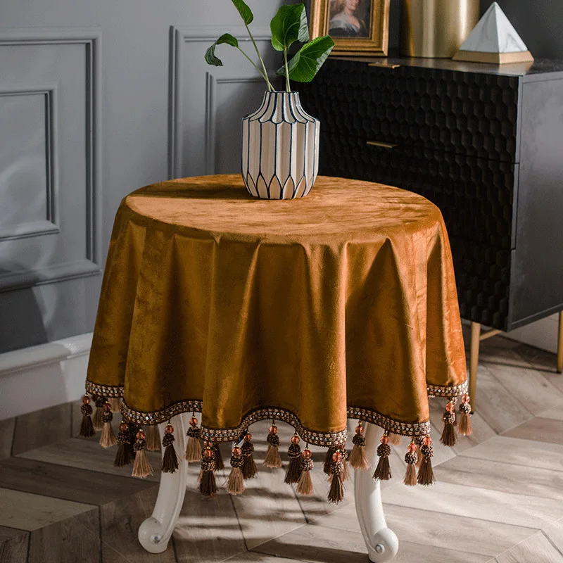 Tablecloth Fabric Round Table Tassel American Dutch Velvet Dark Green Large Round Light Luxury Coffee Table Tablecloth Custom 