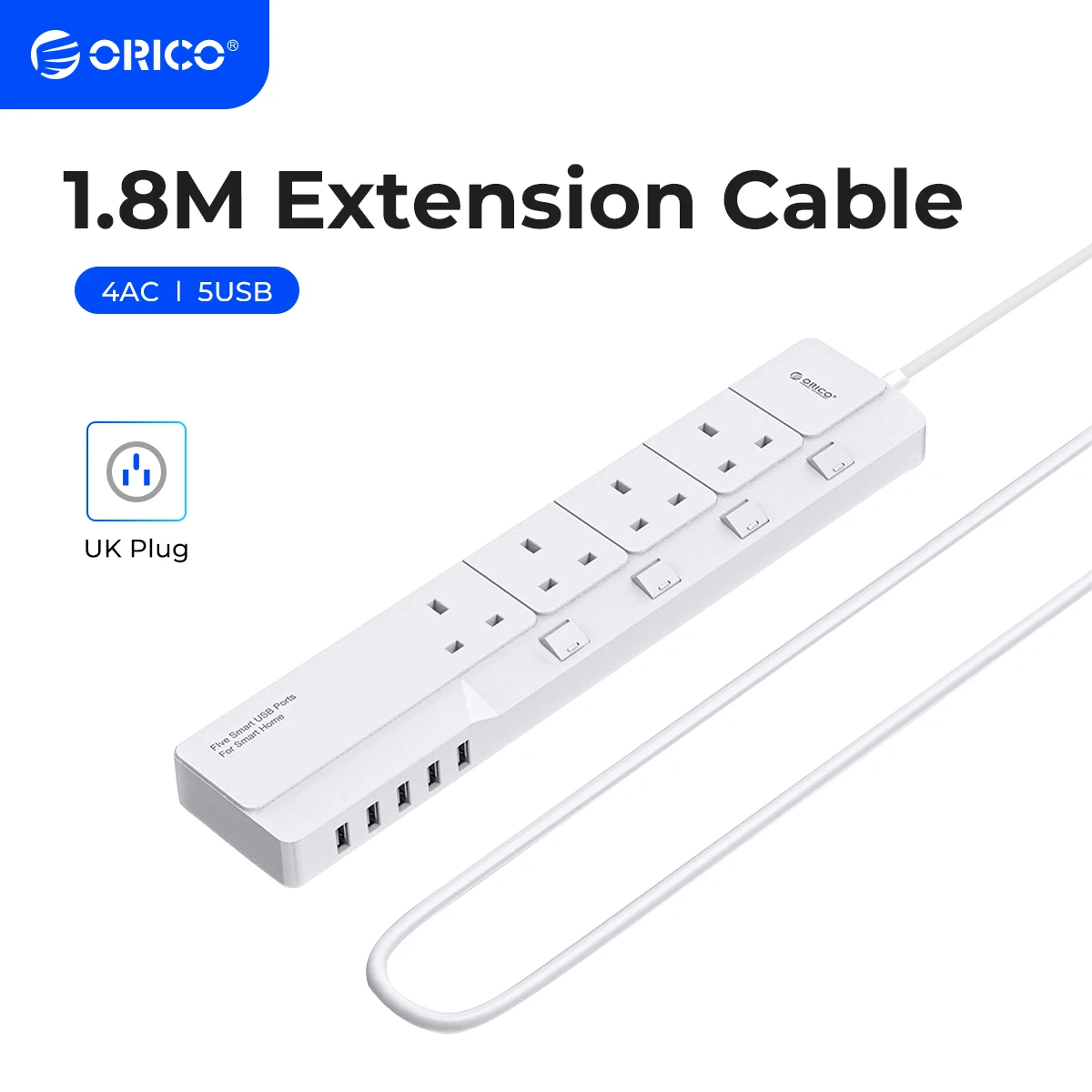 

ORICO UK Plug Power Strip 4AC Outlets 5 USB Ports 1.8M Extension Cable Electrical Socket For Home Office Power Strips