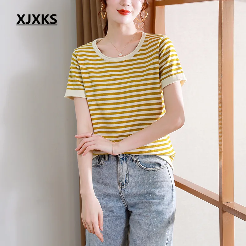 

XJXKS 2022 Summer New Women's Striped T-shirt High Quality Comfortable Round Neck Female Short Sleeve Top