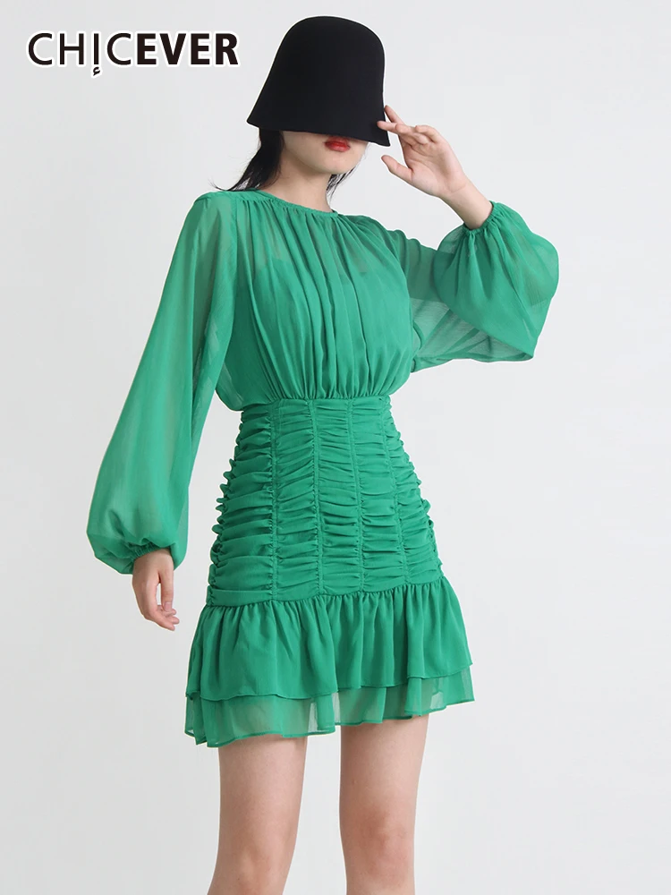 

CHICEVER Slim Bodycon Dresses For Women Round Neck Lantern Sleeve High Waist Tunic Solid Folds Temperament Mini Dress Female New