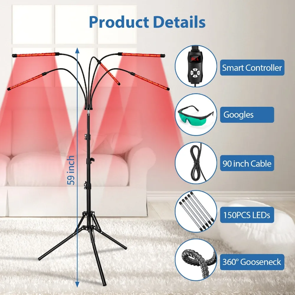 Red Light Therapy Lamp 4/5Light Tubes LED 660nm&850nm Infrared Therapy with Stand for Body Relieve Pain and Lose Weight