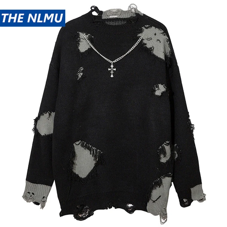

Distressed Splicing Knit Sweaters Men Oversized Pullover Knit Sweater Jumper Fall Winter Hip Hop Streetwear Black Sweater Y2K