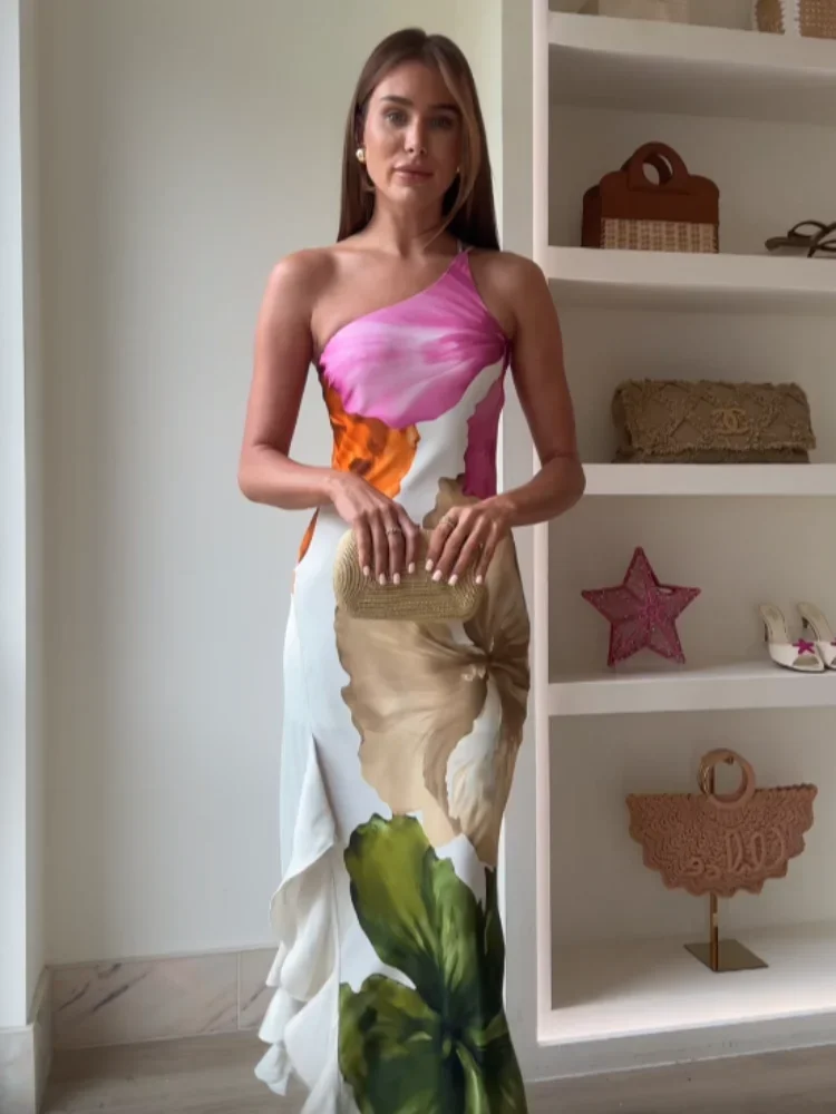 Robe élégante femme longue imprimée épaules dénudées – Image 2