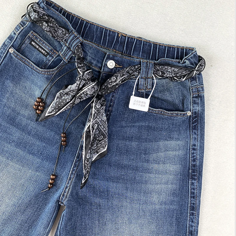 XXXXXL Fashion Plus Size Women's Wide Leg Jeans Autumn Elegant Silk lace-up Premium Denim Casual Long Pants 8376