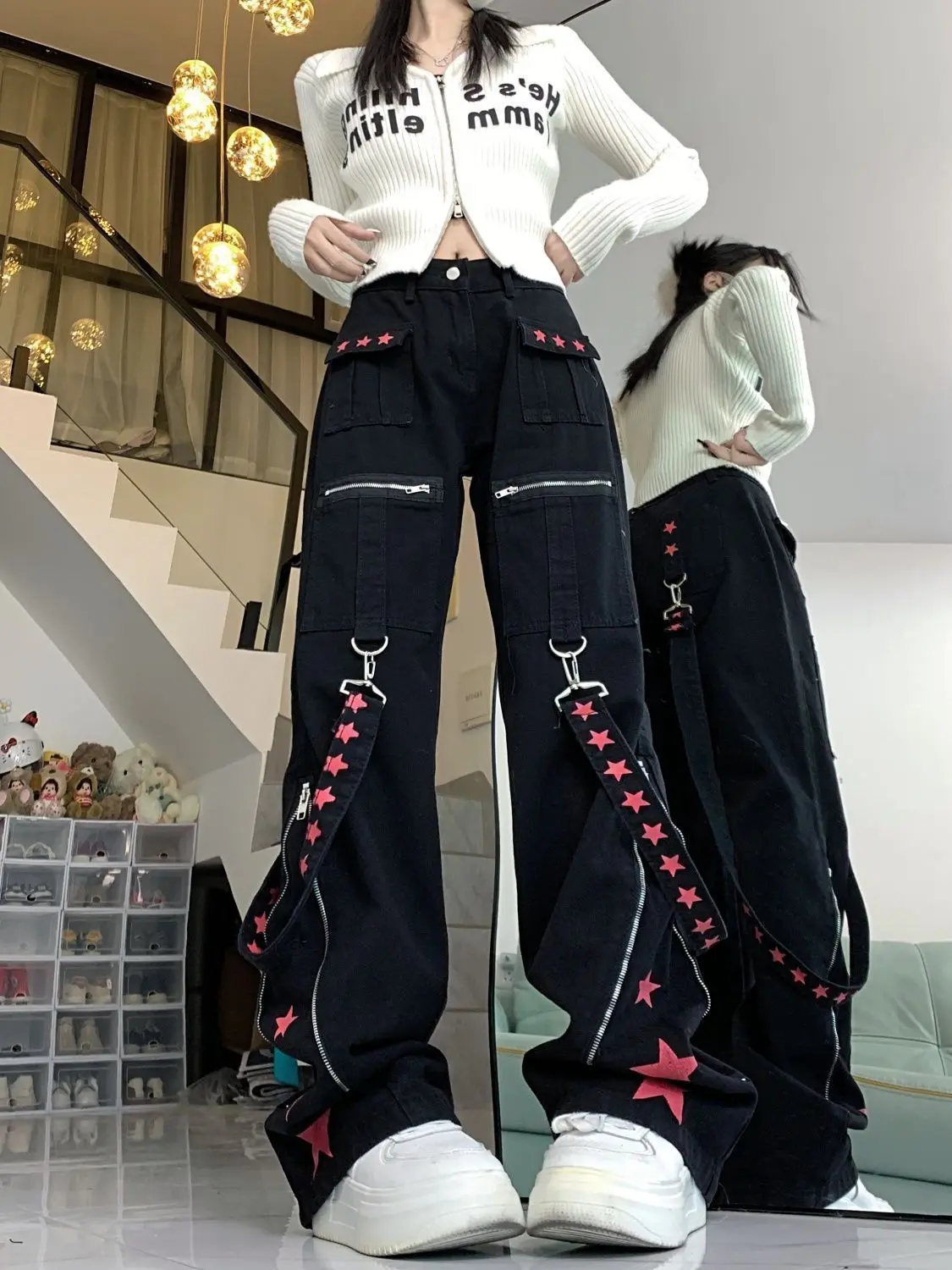 

Women Baggy Cargo Jeans Black Gothic Harajuku Vintage Y2k Denim Trousers Cowboy Pants 90s Aesthetic Trashy Emo 2000s Clothes New