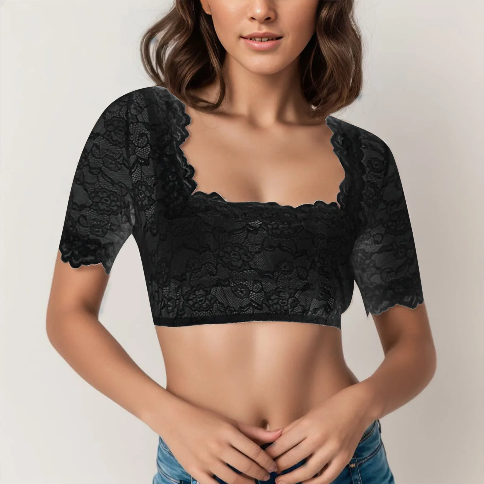 Bavarian Oktoberfest Wrap Crop Tops For Women Square Neck Short Sleeve Elegant Women's Blouse Top White Dirndl Blouses