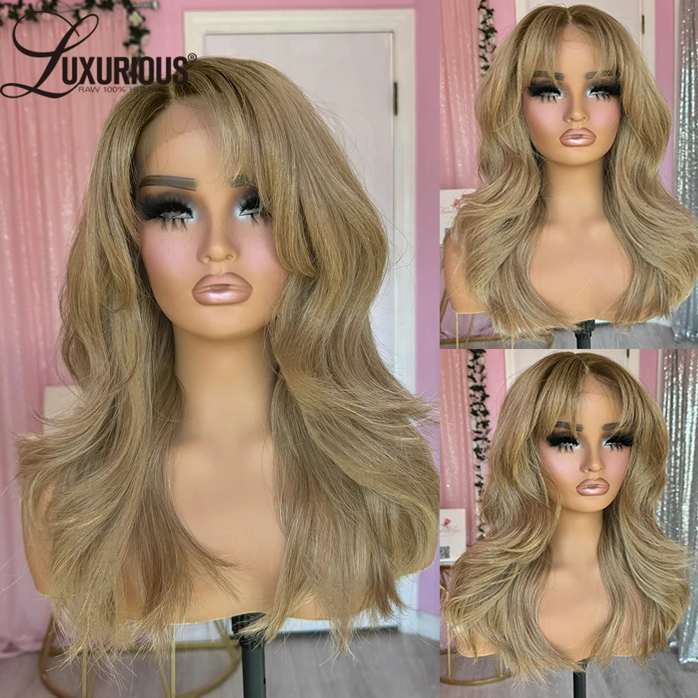 Honey Blonde Inspired Layered Colored Human Hair Wigs Pre-Cut Lace Wig 13x4 Lace Front Wig Put On And Go With Curtain Bangs