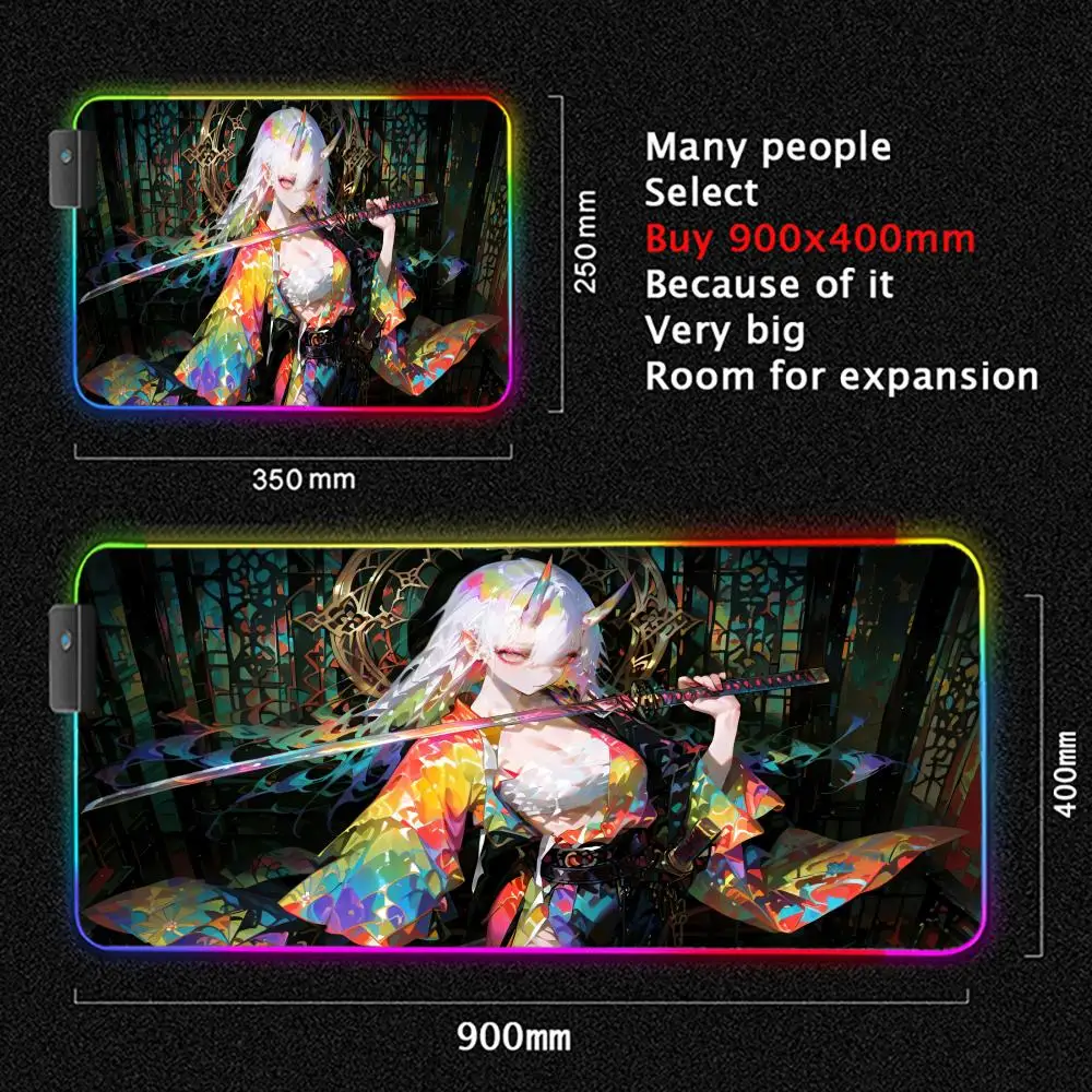 RGB Large Gaming Mouse Pad with LED Backlit - Samurai Anime Girl Design