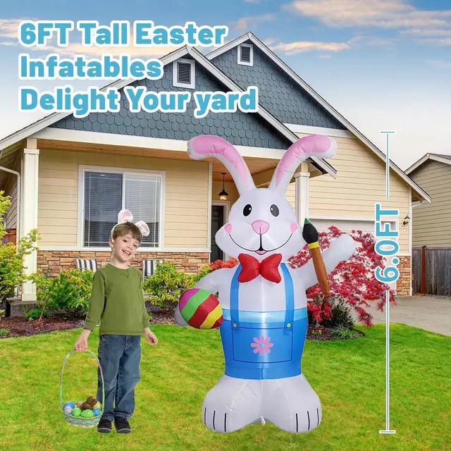 1.8M/6FT Easter Inflatable Toys Printer Rabbit Easter Decorations Built in LED Lights Model Outdoor Decor Props Garden Ornaments 2
