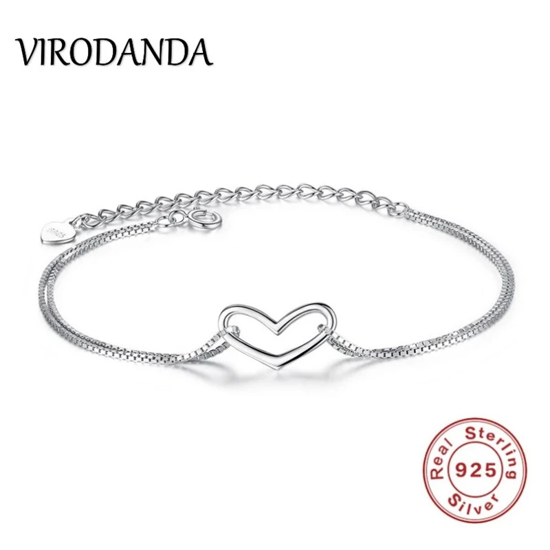 Real 925 Sterling Silver Bracelet Double Box Chain Heart Silver Chain Woman Love Gift necklace set
