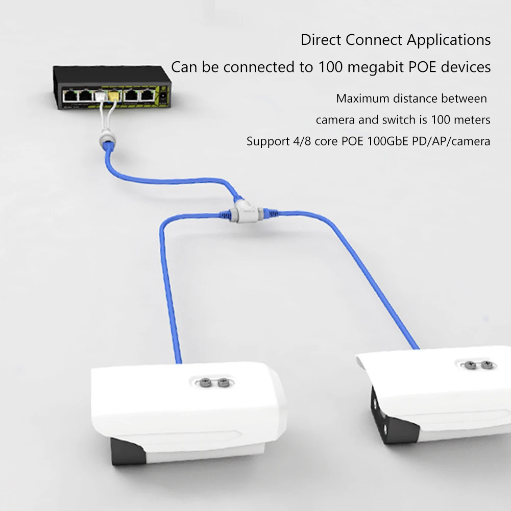 

POE Camera Simplified Cable Connector Splitter 2-in-1 Network Cabling Connector Three-way RJ45 Head for Security Camera Install