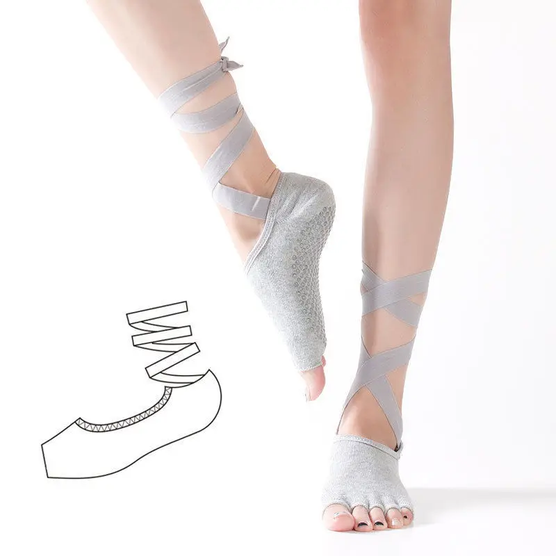 

1pair Yoga Socks Sport Non-Slip Toeless Half Toe Socks Lace Strap Cotton For Women Yoga Ballet Pilates Bari Sox