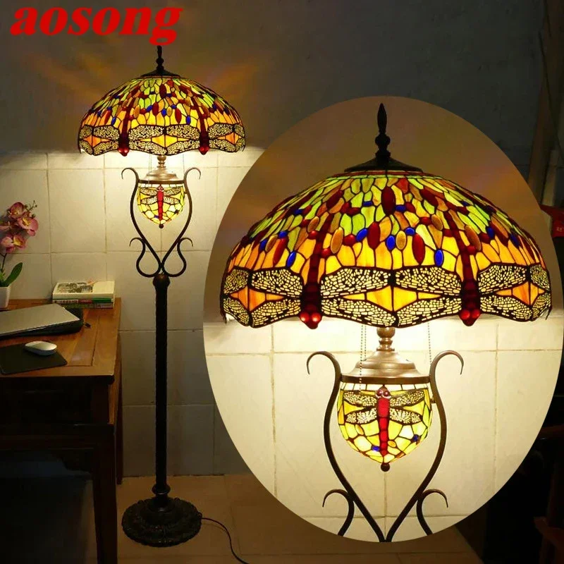 

AOSONG Tiffany Floor Lamp American Retro Living Room Bedroom Lamp Country Stained Glass Floor Lamp