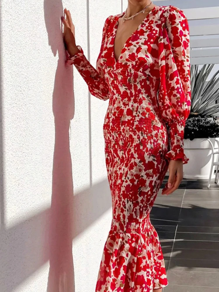 

New Spring Autumn 2023 Slim Print Sexy Dress Fashion Elegant Women's V-neck Temperament Long Long Sleeve Evening Dress Dress Top